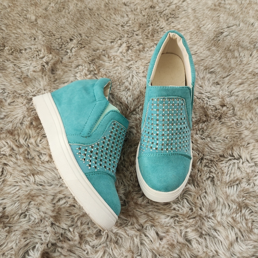 Unbranded Faux Suede‎ Wedge Sneakers Teal Green With Rhinestone Detail Women's 9